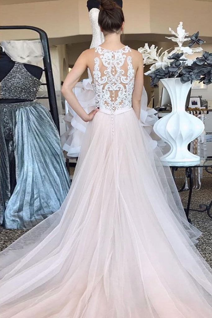 Pearl Pink Tulle A Line Lace Top Long Sleeveless Prom Dresses INQ2