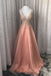 Pink V Neck Tulle Beads Long Prom Dress Spaghetti Straps Evening Dress INQ53