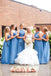 A-Line One-Shoulder Floor-Length Blue Ruched Chiffon Bridesmaid Dresses INS46