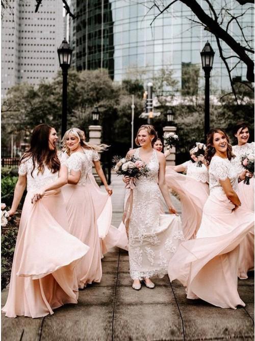 A Line Two Piece Short Sleeves Floor-Length Pink Bridesmaid Dresses with Lace INR89