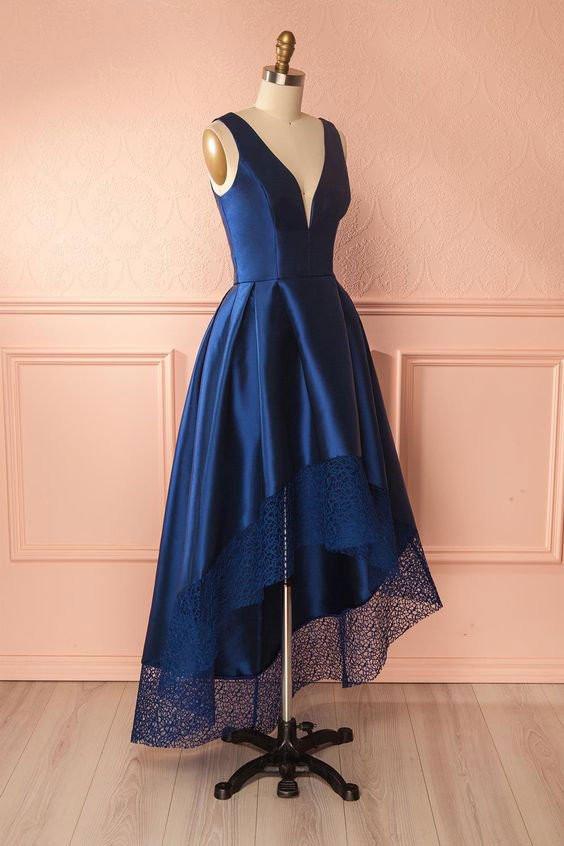 Dark Blue A Line Satin Lace V Neck High-low Bridesmaid Dress,Simple Prom Dresses IN239