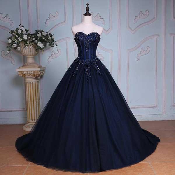 Navy Blue Ball Gown Court Train Sweetheart Strapless Appliques Prom Dress IN625