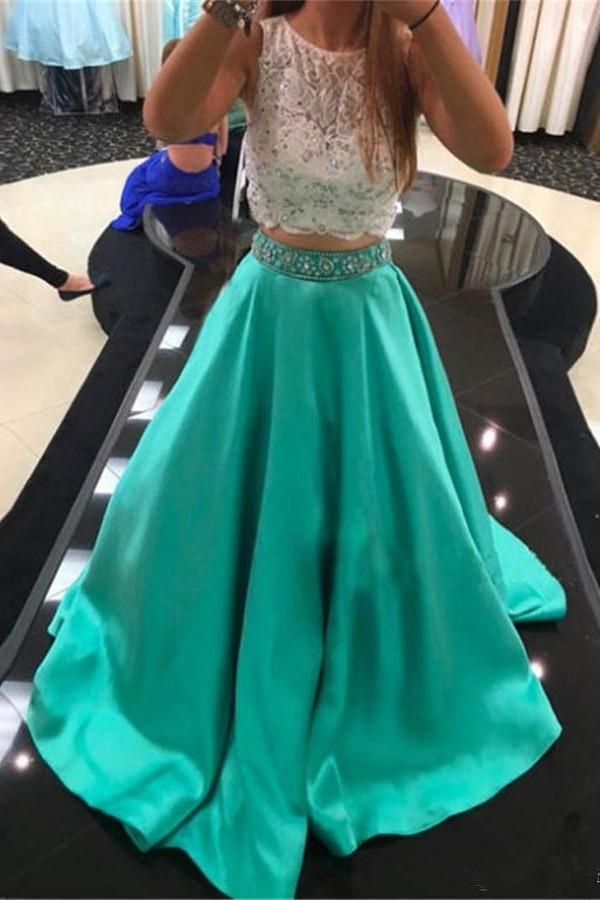 Two Pieces Lace Beading Satin Long HanINade Simple Green Prom Dresses K725