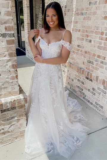 Cold-Shoulder A Line Off White Lace Appliques Long Wedding Dress IN1905