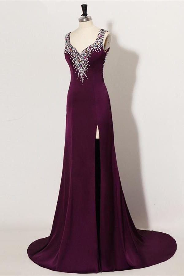 Sweep Train Plum Beaded Long Front Split Mermaid Prom Dresses For Teens K740