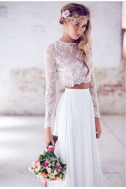 Two Pieces Wedding Dress,Long Sleeves Wedding Dresses,Lace Wedding Dress,Long Wedding Dresses,Beach Wedding Dress,White Bridal Dresses,Elegant Wedding Dress,Sexy Wedding   Gown