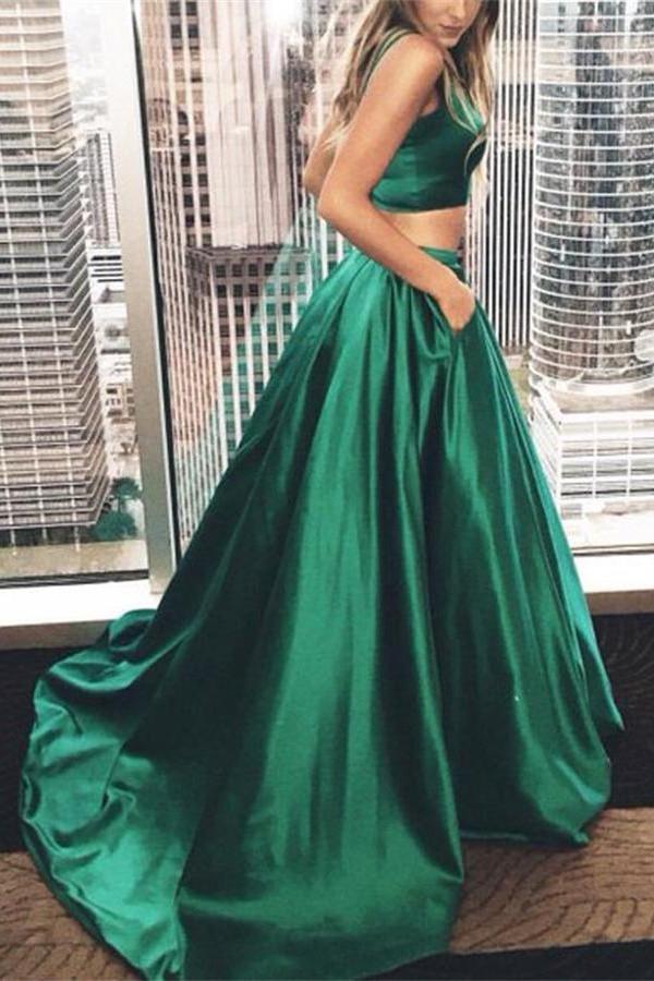 Plus Size Two Pieces Green Satin Long A-line Cheap Simple Modest Prom Dresses For Teens K764