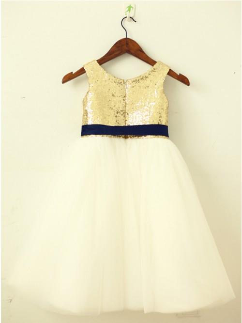 A-Line Round Neck Ivory Flower Girl Dress with Sequins Sash INP23