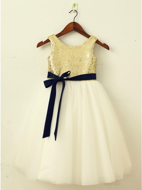 A-Line Round Neck Ivory Flower Girl Dress with Sequins Sash INP23