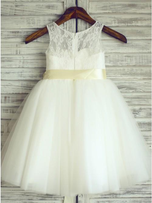 A-Line Round Neck White Flower Girl Dress with Lace Sash INP24