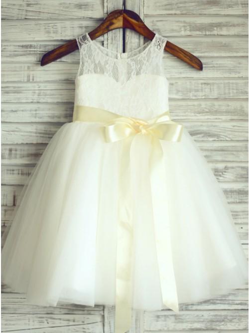 A-Line Round Neck White Flower Girl Dress with Lace Sash INP24