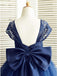 A-Line Square Neck Cap Sleeves Dark Blue Flower Girl Dress with Lace Bowknot INP16