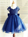 A-Line Square Neck Cap Sleeves Dark Blue Flower Girl Dress with Lace Bowknot INP16