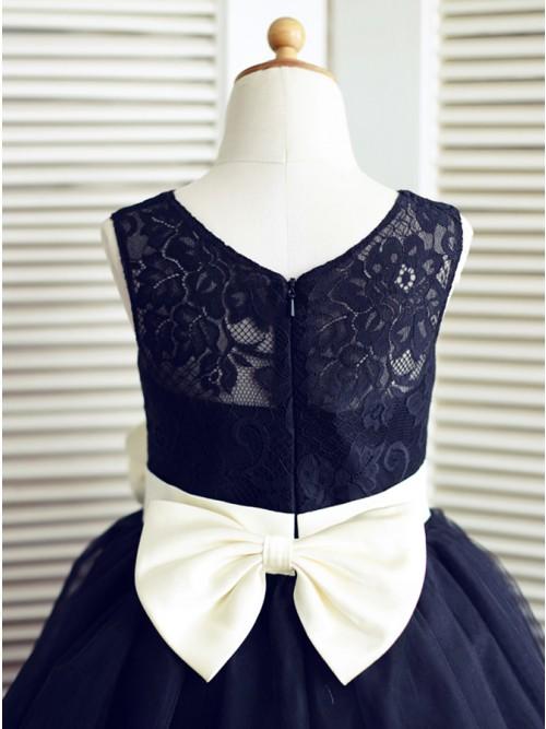 A-Line Round Neck Knee-Length Navy Blue Flower Girl Dress with Bowknot Flower INP20