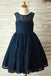 A-Line Round Neck Backless Navy Blue Lace Flower Girl Dress with Bowknot INP17