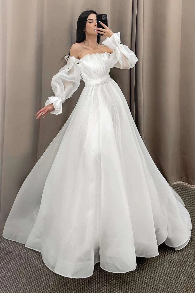 Elegant Off White Strapless Pleated A-Line Wedding Dress with Detachable Sleeves IN1907