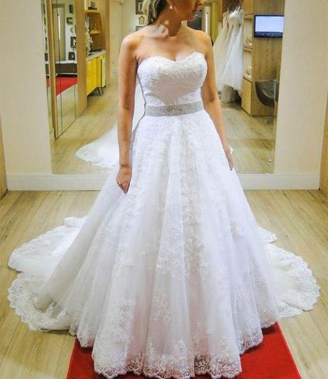 Sweetheart Strapless A-line Beading Belt Lace Wedding Dress Bridal Gown INE22