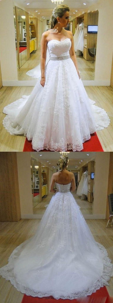 Sweetheart Strapless A-line Beading Belt Lace Wedding Dress Bridal Gown INE22