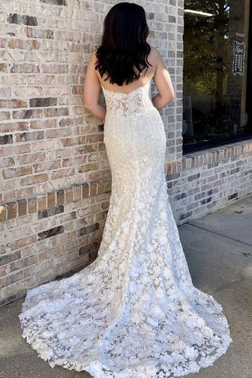 Off White Floral Lace Strapless Mermaid Long Wedding Dress With Brush Train IN1909