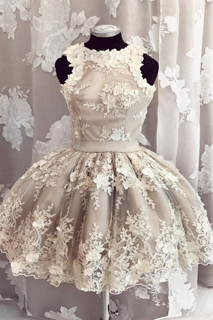 Unique Tulle Lace Applique Short Prom Dress, A Line Cute Homecoming Dress INP43