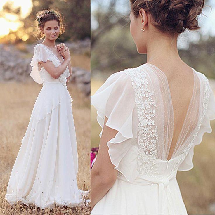 Princess A Line Chiffon Lace Backless Ivory Beach/Coast Wedding Dresses,Summer Wedding Gown IN266