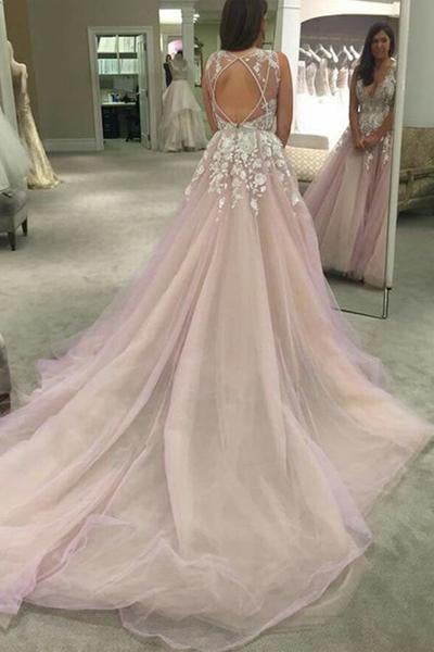 Spaghetti Straps V-neck Long Tulle Wedding Dress Prom Dress with Appliques IN547