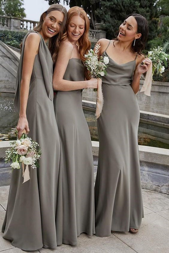 Simple Sheath Rushed Chiffon Long Bridesmaid Dresses Bridesmaid Gowns IN1840