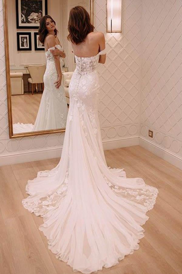 Princess Off Shoulder Court Train Chiffon Long Wedding Dress with Lace Appliques INA51