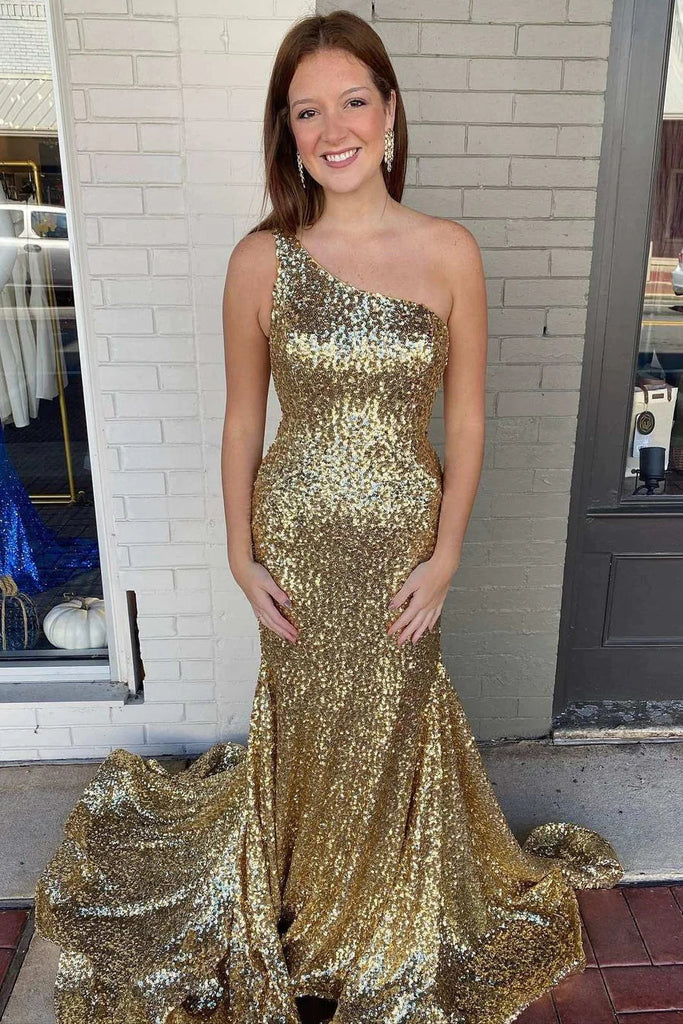 Gold Sequin One-Shoulder Mermaid Long Prom Dress Formal Evening Dresses IN1896