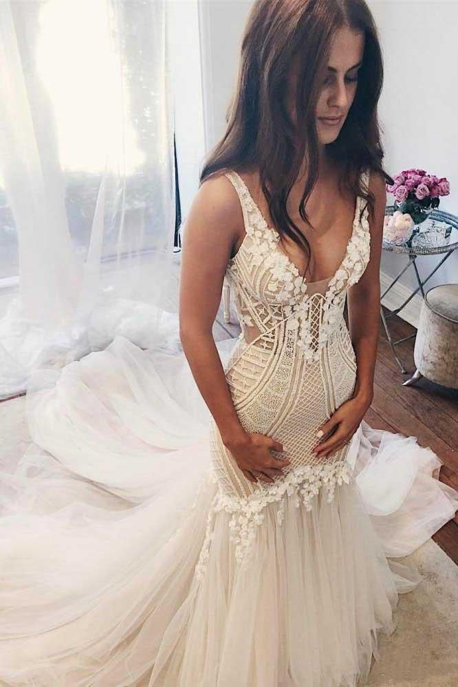 Modest Mermaid Ivory Sexy Sleeveless Lace Wedding Dresses INC82