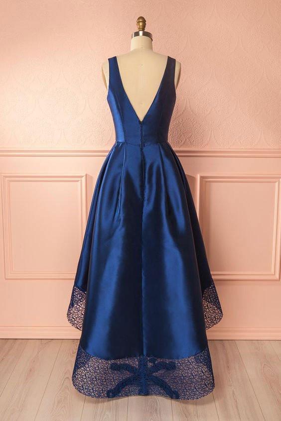 Dark Blue A Line Satin Lace V Neck High-low Bridesmaid Dress,Simple Prom Dresses IN239