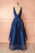 Dark Blue A Line Satin Lace V Neck High-low Bridesmaid Dress,Simple Prom Dresses IN239