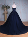 Navy Blue Ball Gown Court Train Sweetheart Strapless Appliques Prom Dress IN625