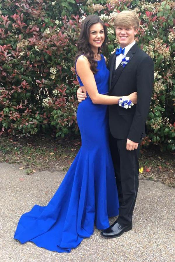 Simple HanINade Mermaid Long Royal Blue Open Back Prom Dresses K726