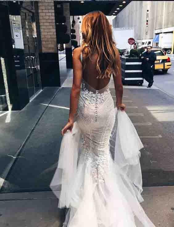 Sexy Mermaid Backless Long Tulle Wedding Dresses,White Beidal Dress stunning IN439