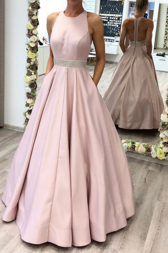 A Line Pink Beading Satin Long Prom Dresses With Pockets INS61