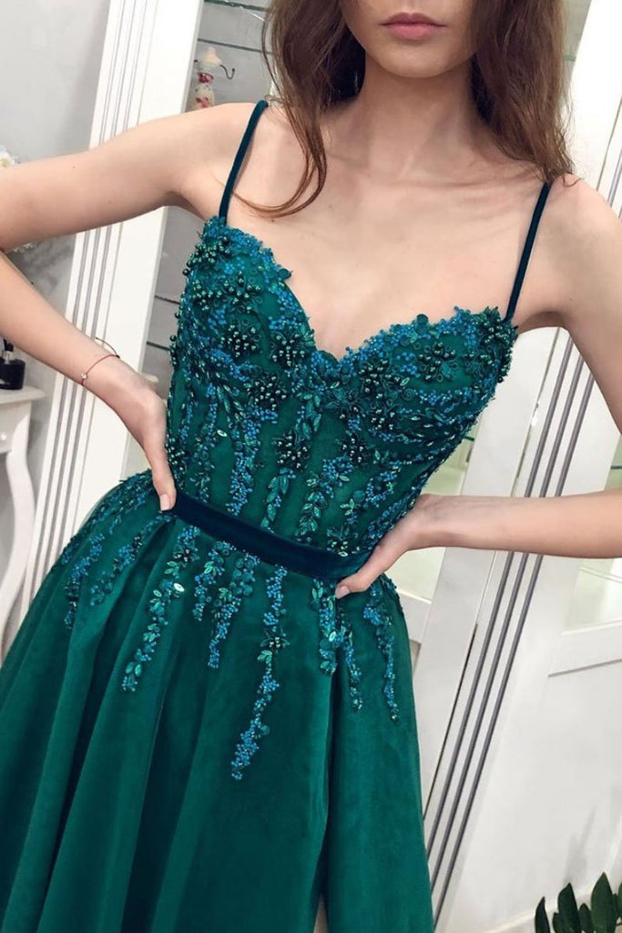 Green A Line Tulle Spaghetti Straps Beaded Long Prom Dress INP76