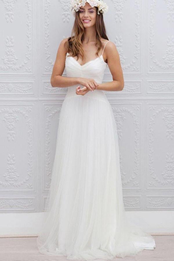 A-Line Wedding Dress,Spaghetti Straps Wedding Dresses,Tulle Wedding Dress,Long Wedding Dresses,Beach Wedding Dress,V-neck Bridal Dresses,Coast Wedding Dress,Simple Wedding Gown