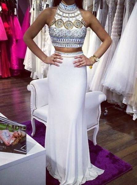 White Halter Beaded Two Pieces Long Mermaid Prom Dresses K714