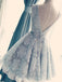 A-Line V-Neck Shprt Backless Light Blue Lace Cute Homecoming Dress with Belt IN257