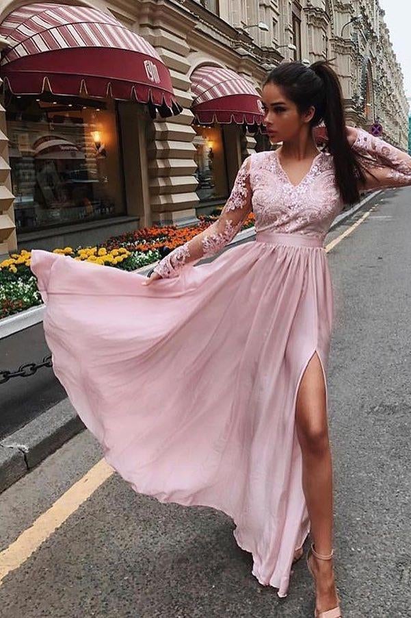 Burgundy Long Sleeves V Neck Lace Top A Line Long Prom Dresses IN838