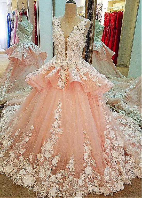 Tulle Lace Scoop Neckline Ball Gown Wedding Dress With Lace Appliques,Quinceanera Dresses IN619