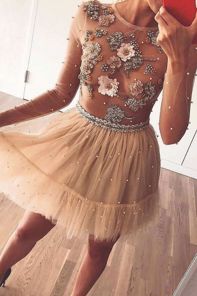 Tulle Beads Short Prom Dress, Long Sleeves Flowers Homecoming Dress INP47