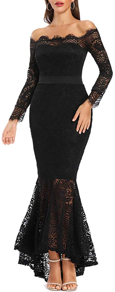 Mermaid Black Elegant Off the Shoulder Long Lace Long Sleeves Sexy Prom Dress IN141