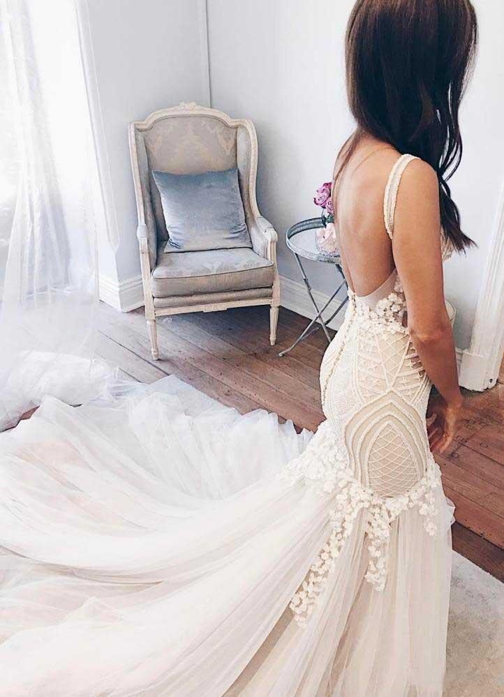 Modest Mermaid Ivory Sexy Sleeveless Lace Wedding Dresses INC82