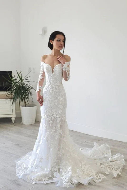 Long Sleeves Mermaid Wedding Dresses, Off Shoulder Lace Bridal Gowns IN1948