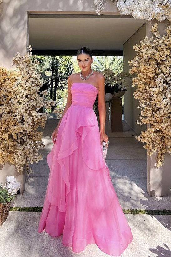 Simple A Line Hot Pink Strapless Long Prom Dress, Modest Evening Dresses IN1976