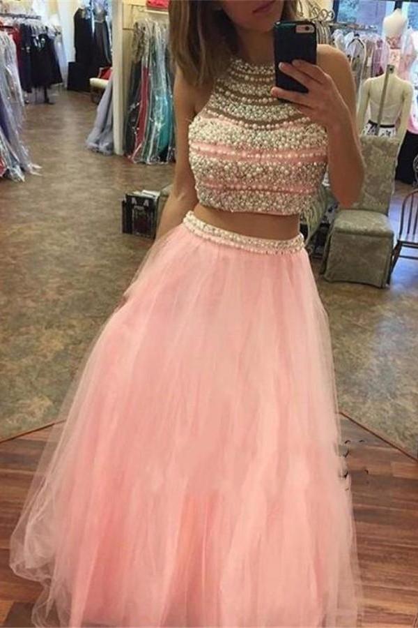 Beautiful Pink Two Pieces Beading Tulle Long Cheap Prom Dresses K687