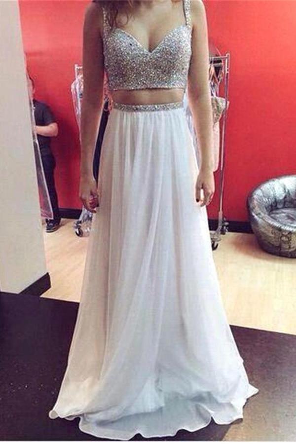 Spaghetti Straps White Chiffon Beaded Long Two Pieces Prom Dresses K688