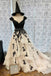 A Line V Neck Cap Sleeves Long Prom Dresses With Black Lace Appliques INS88